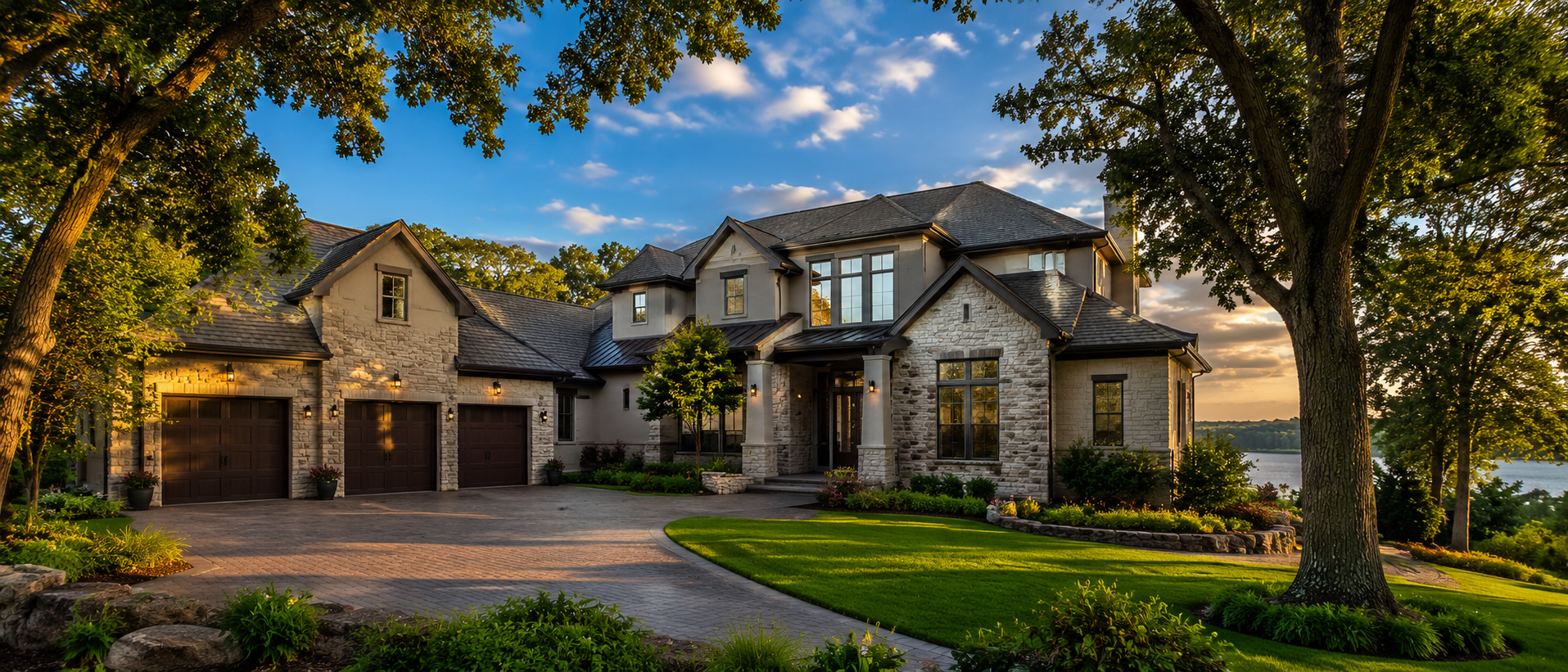 Premium Eden Prairie luxury home with multi-pitch roof at golden hour