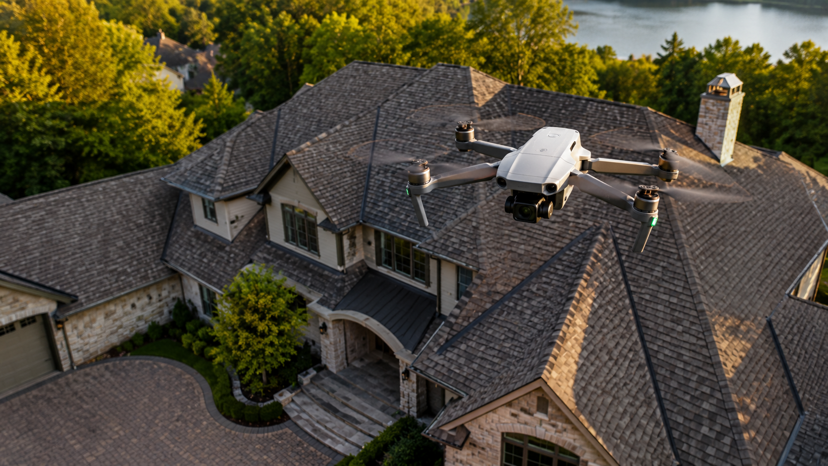 Drone aerial view of luxury home roof